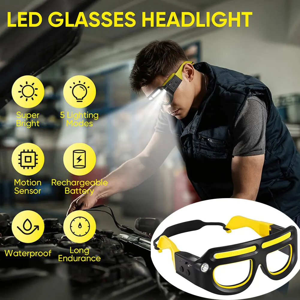 LED Glasses Rechargeable Headlight Glasses With Motion Sensor,5Modes Light Up Glasses For Car Repairing/Workshop/Camping/Fishing