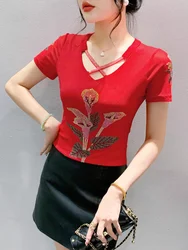 Summer T-shirt Girls Cross Bandage V Neck Short Sleeve Tshirts Faux Diamonds Flowers Tops Double-layer Mesh Clim Clothing
