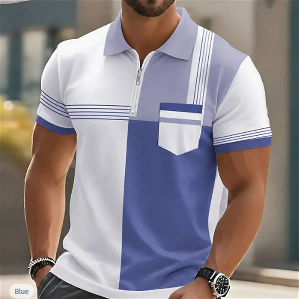 Men's Half Zip Polo Shirts 2026 New Abstract Plaid Print Short Sleeve Lapel Pocket Tee Summer Casual Business Golf Polo Top Male