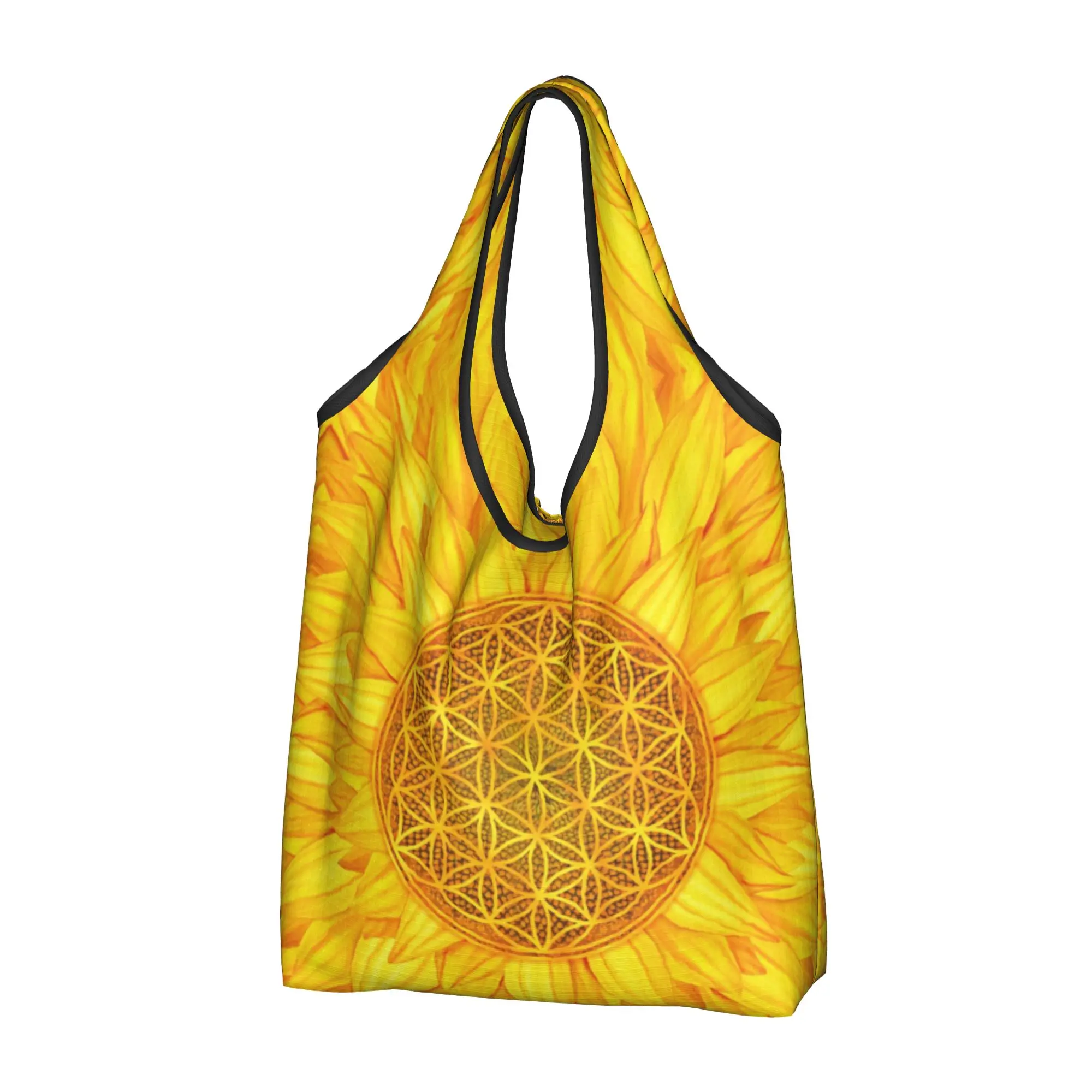 Custom Flower of Life Sunflower Shopping Bag Portable Large Capacity Grocery Mandala Floral Sacred Geometry Shopper Tote Bags
