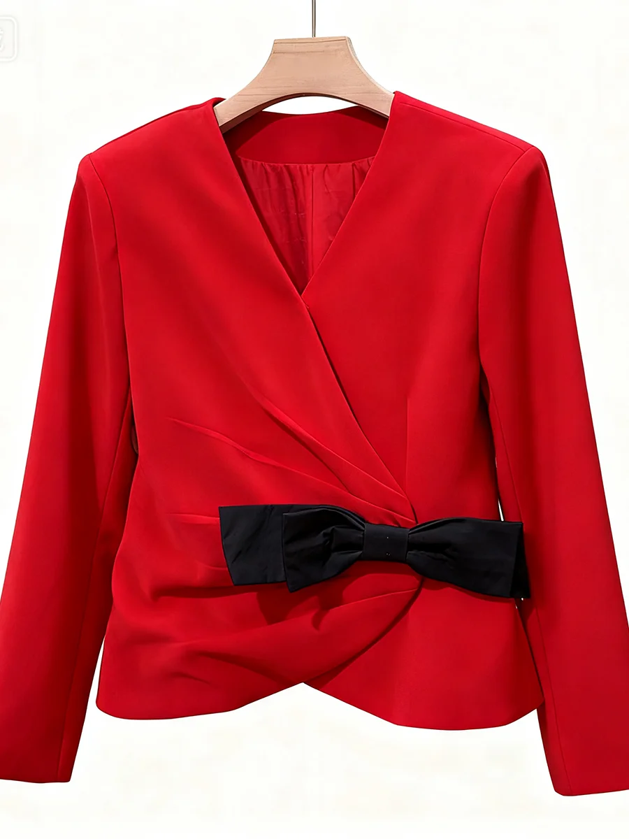 TWOTWINSTYLE Eleganckie marynarki damskie z kokardą, dekolt w serek, długi rękaw, patchworkowe, marszczone, krótkie marynarki damskie, nowość