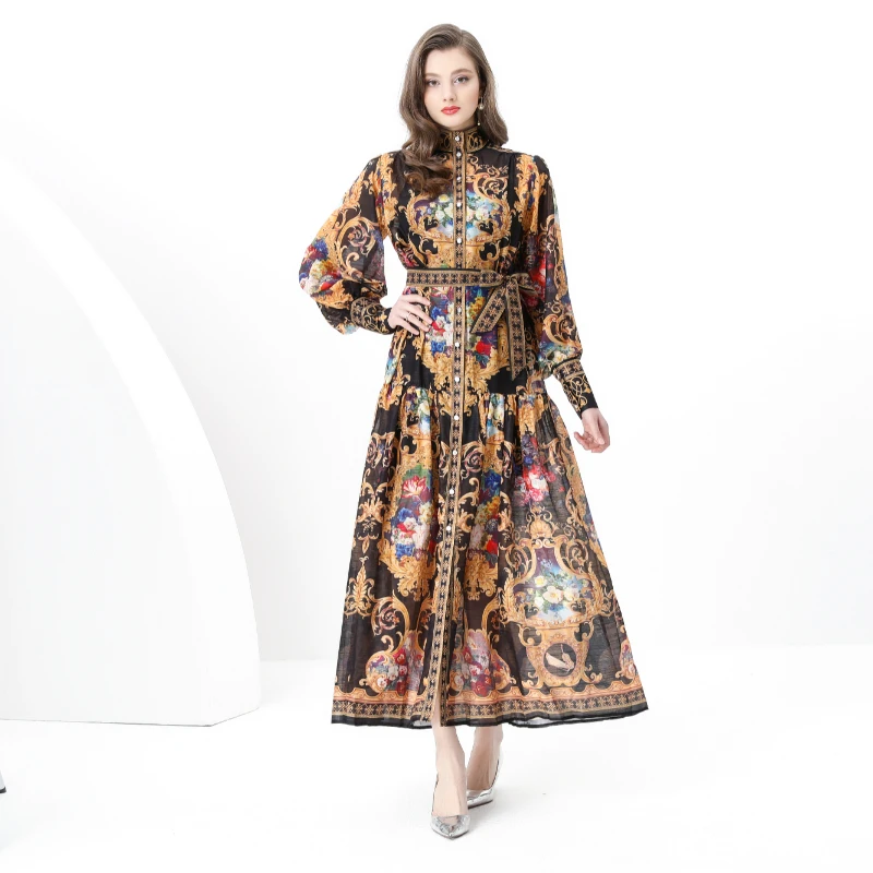 

Spring Summer Women Vintage Print Designer Runway Dress Oversize Loose Long Maxi Holiday Beach Dresses
