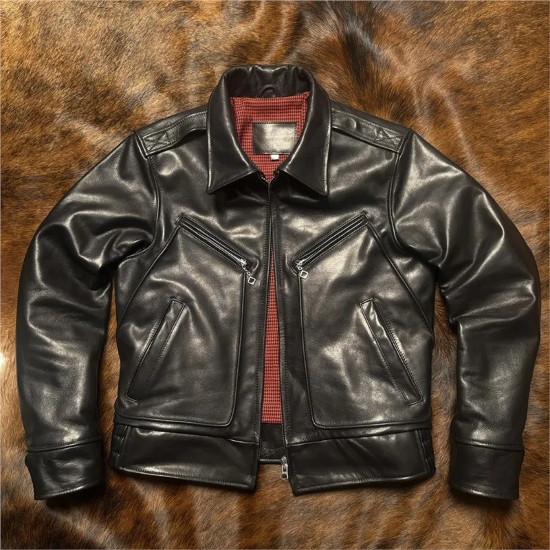 Full-grain wax-dyed calfskin mechanic leather men's short lapel style