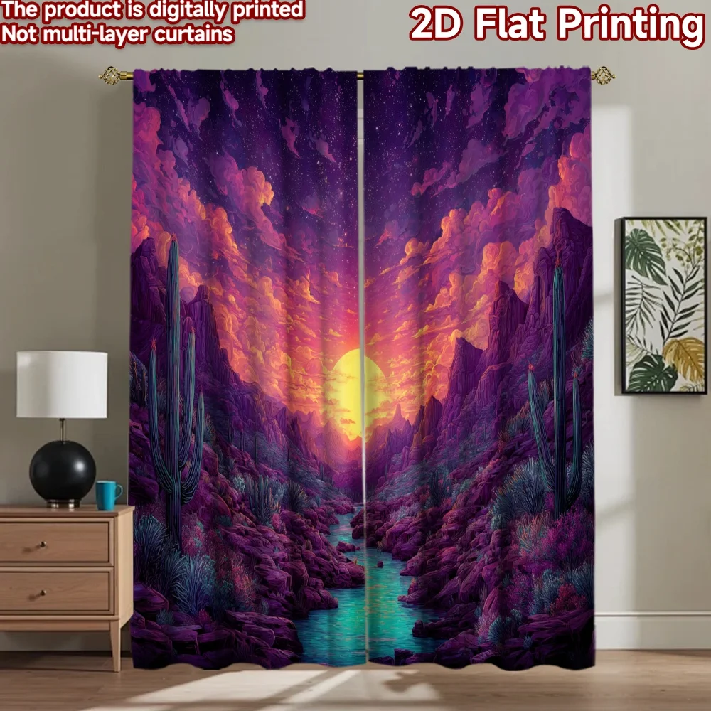 2D flat printing 2pcs Drapes Desert Landscape River Sunset Cacti Digital Printed Polyester Drapes Party Decorations Use for