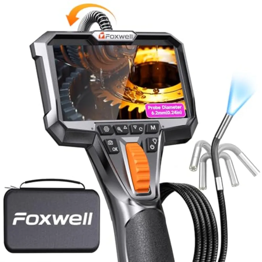 Y400 Two-Way Articulating Borescope with Light, 0.24in Ultra-Slim Probe, 220° Articulation, IPS HD Screen, Industrial Endoscope