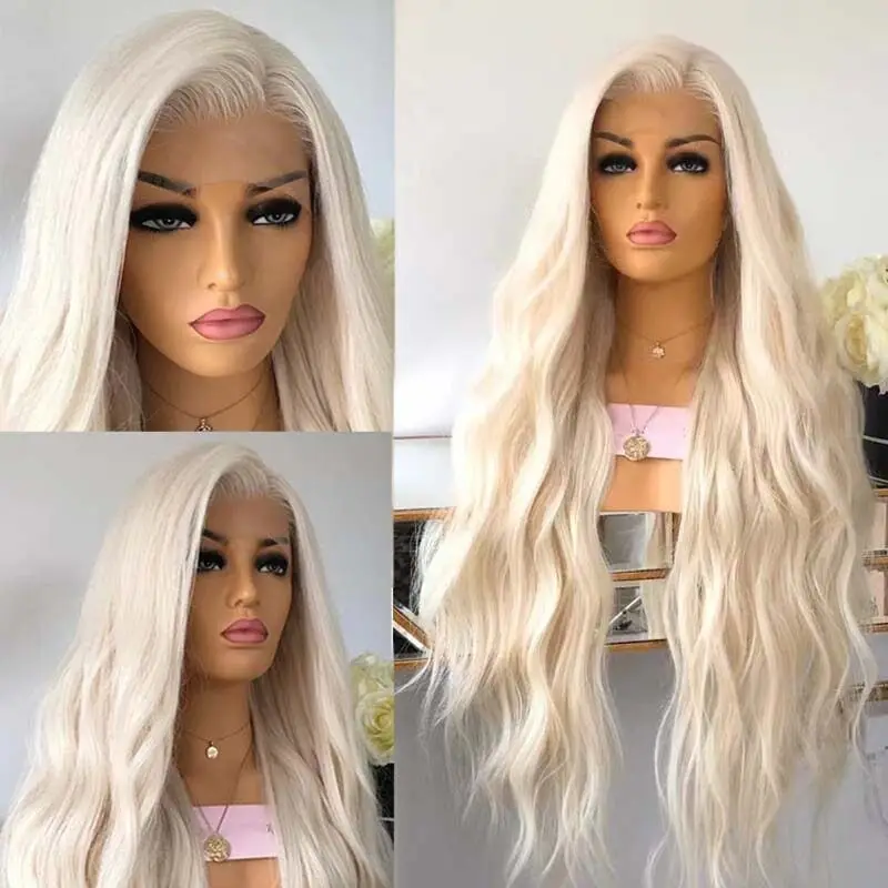 

Synthetic hair Glueless Lace front wigs Heat resistant Long Wavy Platinum blonde Synthetic