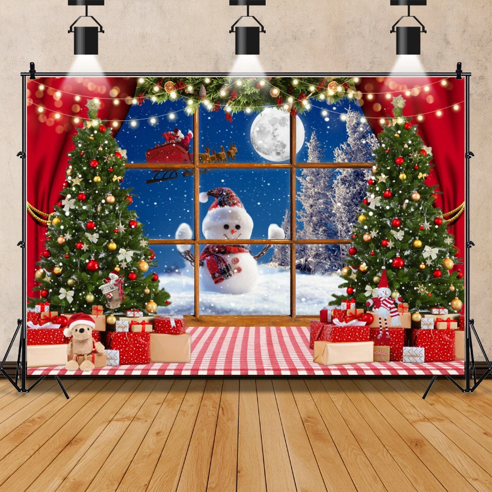 Laeacco ลูกบอลสุขสันต์วันคริสต์มาสต้นของขวัญดาวหมอนหน้าต่างบ้านชนบทภาพบุคคลทารกฉากหลังถ่ายภาพ