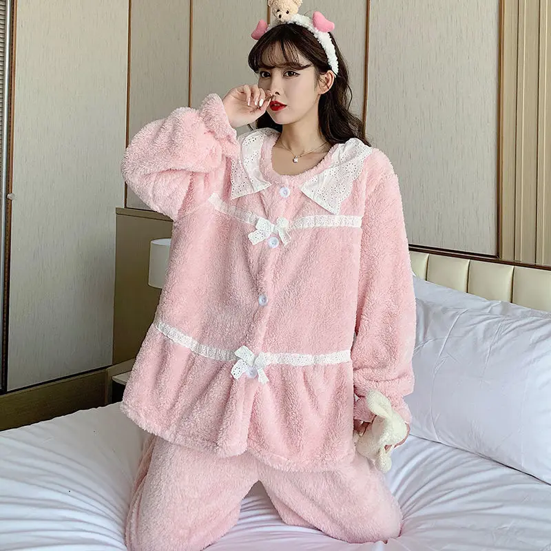 

Pajama Sets Women Tender Homewear Aesthetic Warm Winter 2 Pieces All Match Square Collar Fashion Girlish Loose Cozy Feminino Ins