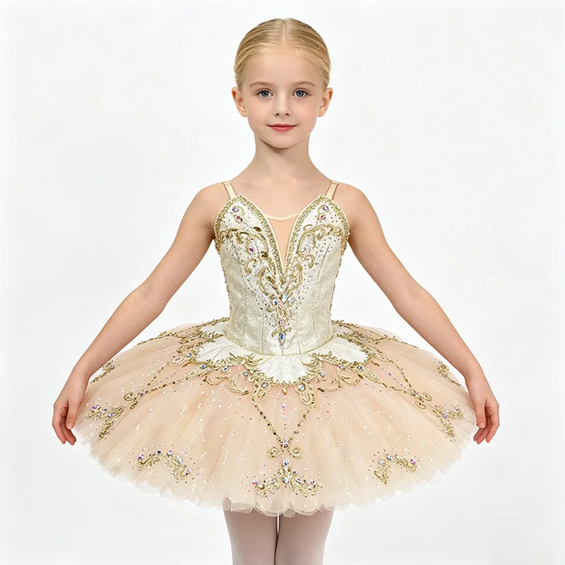 Womens Strapless V Neck Ballet Tutu Performance Dress Gold Silver Rhinestone Vine Scroll Floral Trim Light Apricot Gradient Full