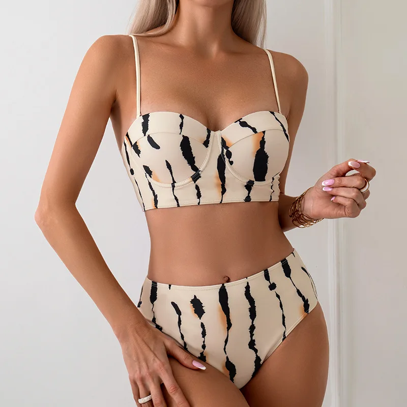 Swimwear 2024 Woman Bikinis Sets With Skirt Cover Ups Y2k Luxury Stripe Print 3 Two Pieces Swimsuit Bathing Suit For Teen Girls