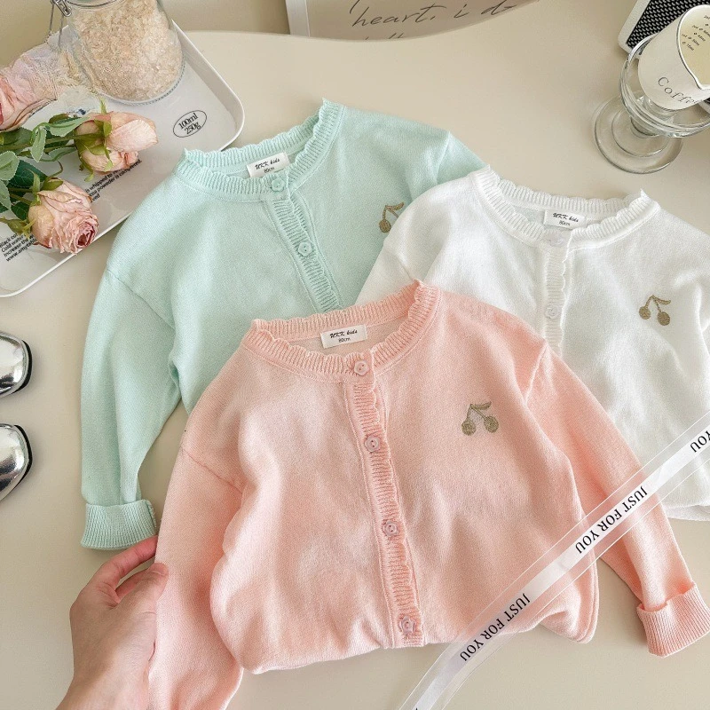 

2025 Autumn New Children's Thin Solid Color Cherry Embroidery Pattern Knitted Cardigan Coat