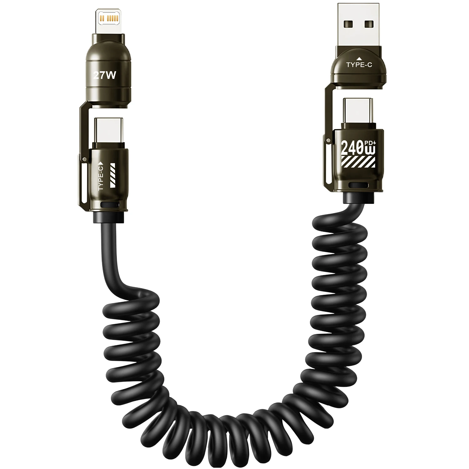 240W Fast Charging 4-in-1 Spring Car Data Cable Compatible with CarPlay for iPhone Samsung Huawei iPad USB C Charger Cord