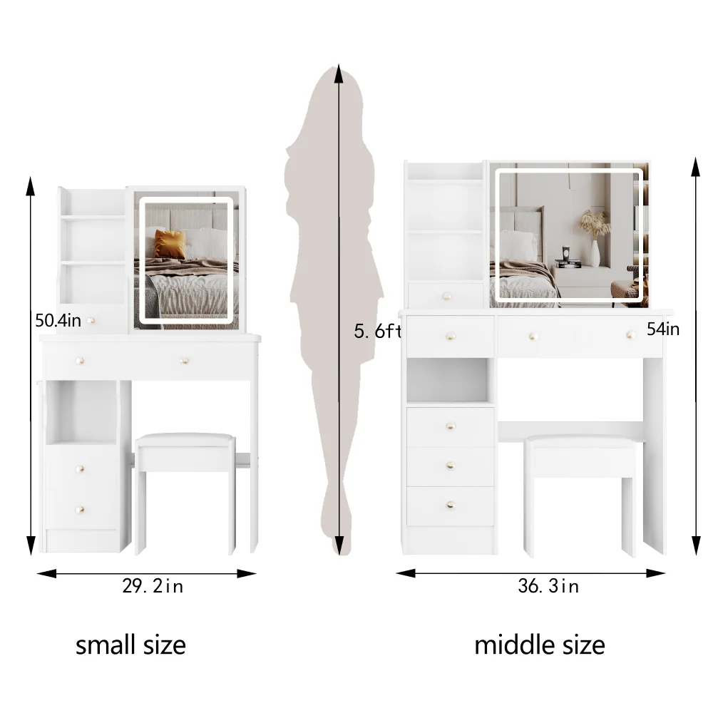 طاولة زينة لسطح المكتب ذات درج يسار صغير مقاس 29.2 بوصة + مقعد مبطن، منزلق كبير، تحكم باللمس، تبديل ثلاثي الألوان #2