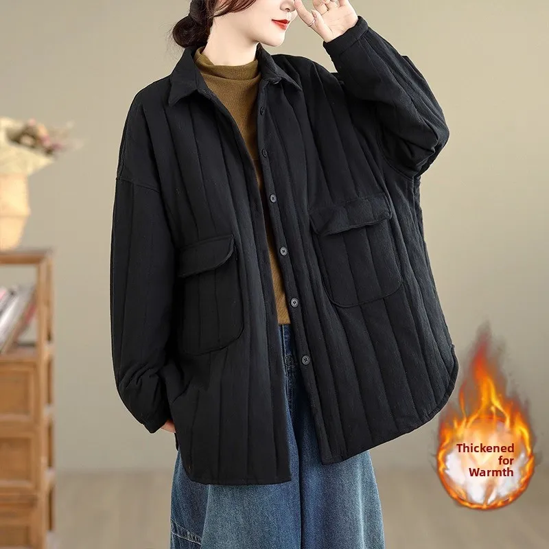 

Утепленное хлопковое пальто Thiened для женщин, осенне-зимнее, удлиненное, стеганое, из хлопка и льна, теплый ретро-стиль, длинный рукав