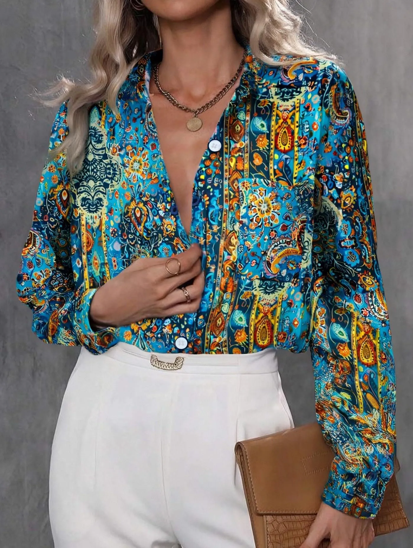 Women's Ethnic Flower Pattern Long Sleeve Shirt Business Work Elegant Casual With Pockets Summer Spring Clothing