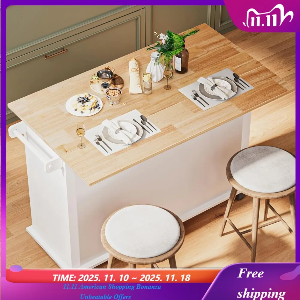 جزيرة المطبخ مع أوراق متدلية، جزيرة المطبخ المتنقلة على عجلات مع درج وخزانة تخزين، رف توابل، شريط منشفة #1