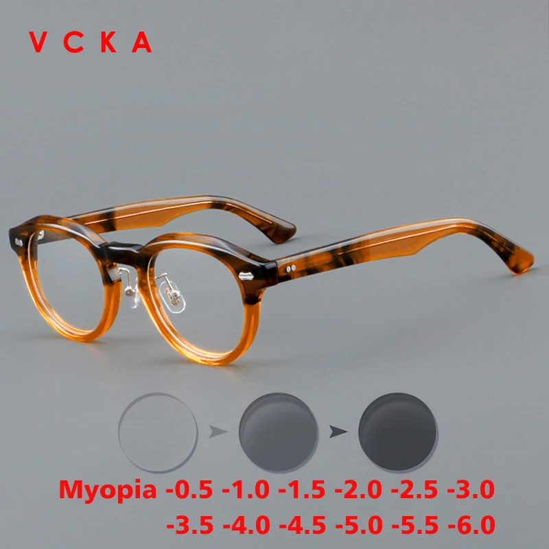 VCKA Round Vintage Acetate Myopia Anti-blue Discolor Glasses Frame Men Optical Prescription Eyeglasses Women Eyewear -0.5TO -6.0