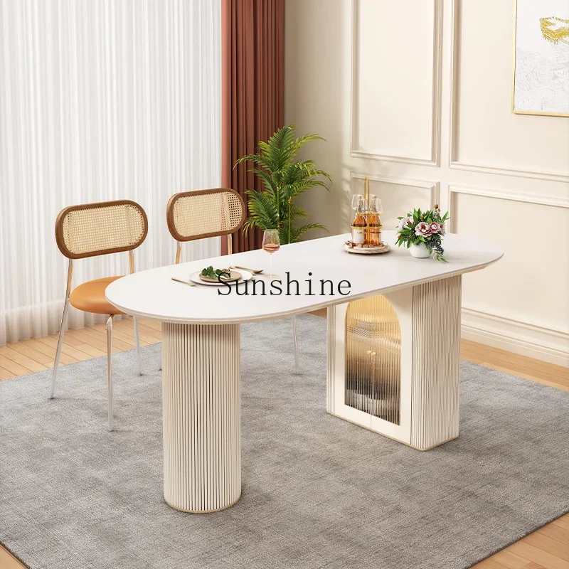 

Cream wind foldable retractable rock slab dining table storage white household dining table