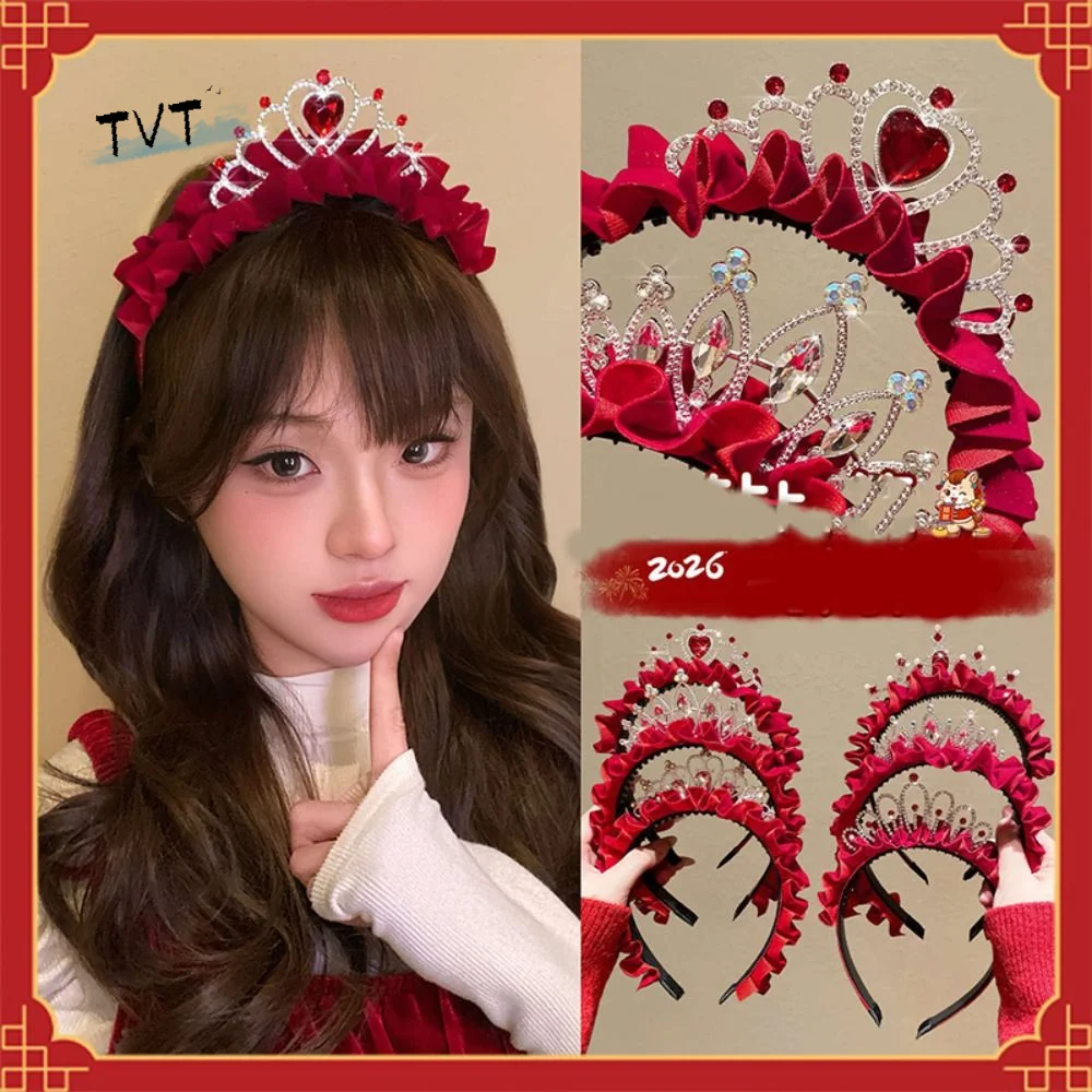 

Hair Hoop New Year Headband Zircon Rhinestone Princess Crown Tang Suit Hair Hoop Hair Accessories New Year Red Head Wear Girl