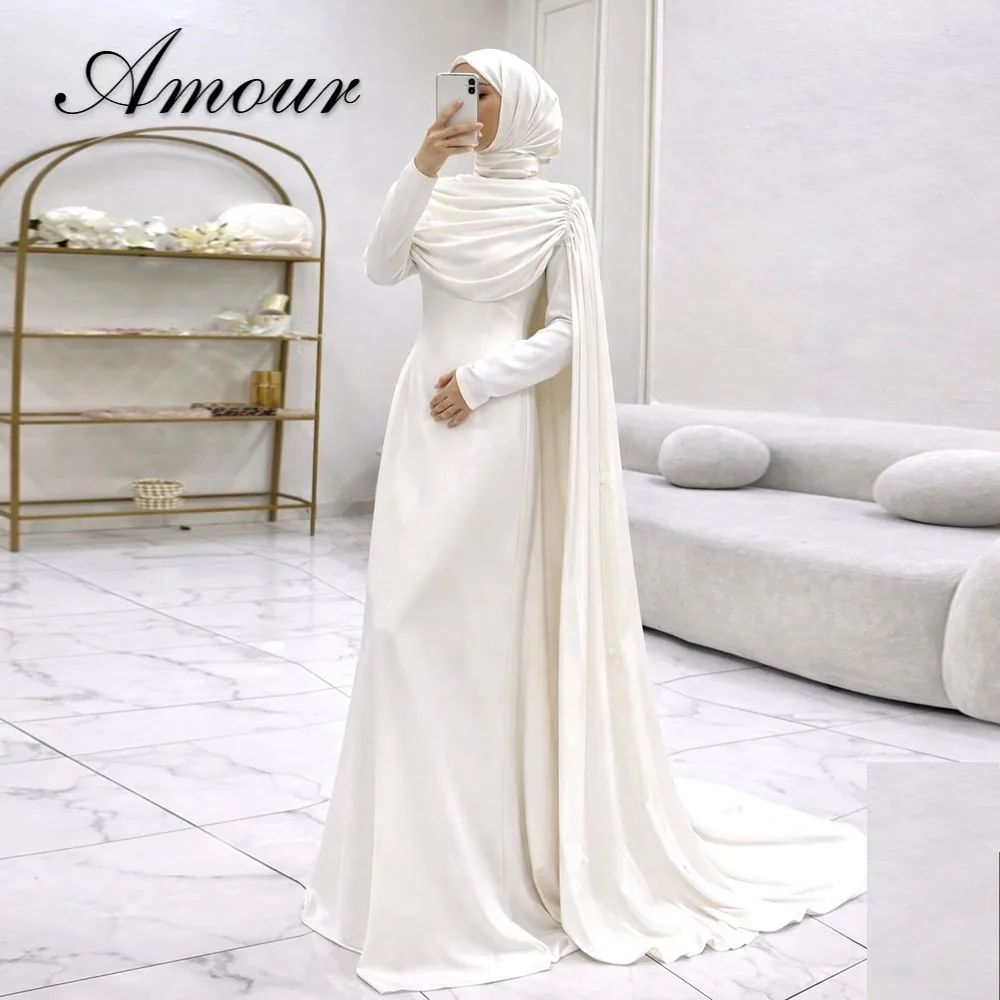 Amour Maßgeschneiderte Muslimische A-Linien-Abendkleider mit Hijab-Schal, Langen Ärmeln, Bodenlang, Plissiert, Formelle Partykleider 2026