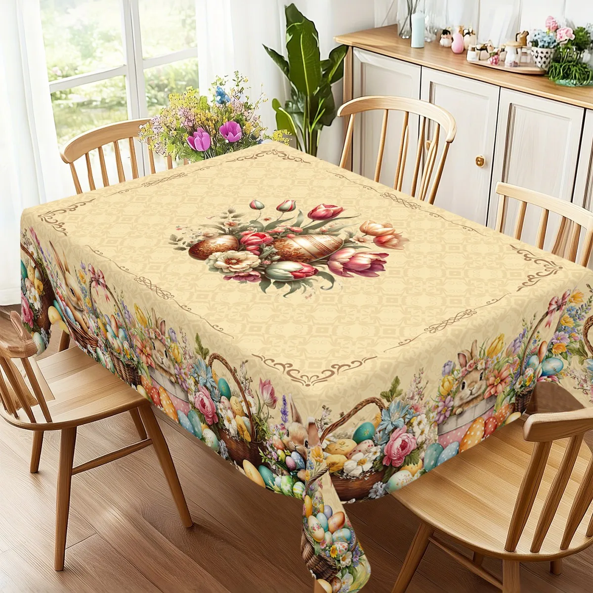 2026 Easter Rabbit Table Cover Rectangle Round Bunny Table Cloth Spring Holiday Happy Easter Decoration For Home Kitchen Dinning