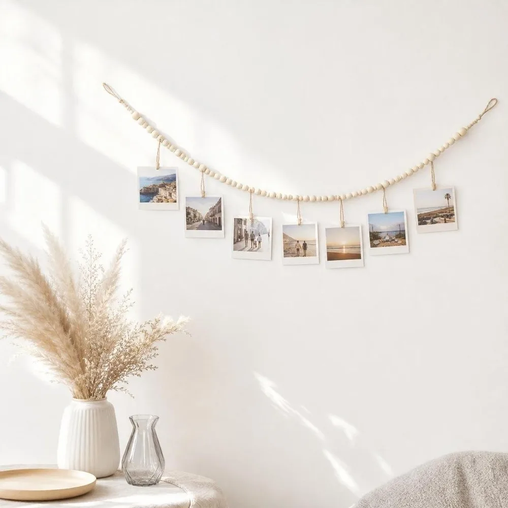 Nordic Style Hanging Photo Display Minimalist Decorative Picture Hanging String DIY Wooden Bead Garland Wall Hanging Photo Clip