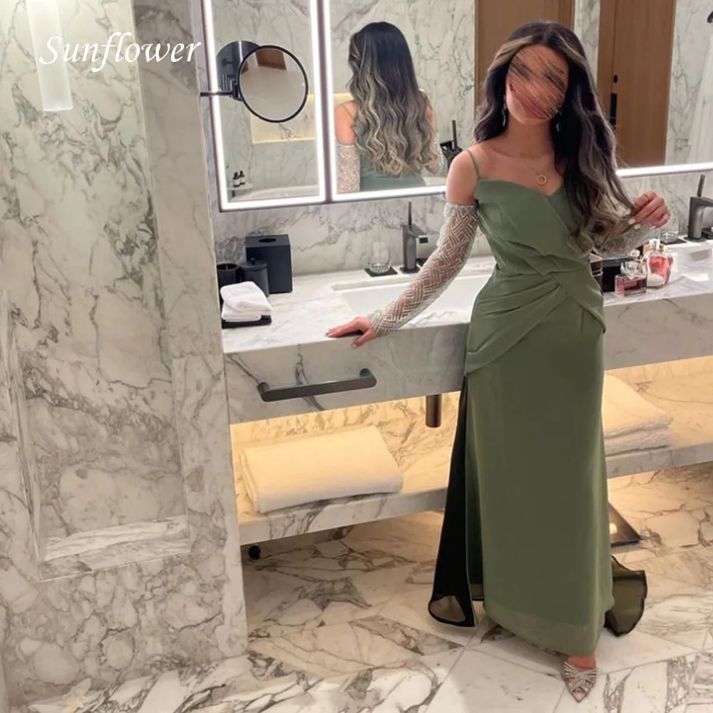 Sunflower Green V-Neck Prom Gowns Lace Long Sleeve Mermaid Evening Dress Slim Party Dress 2023 Pleat Chiffon High-end Custom