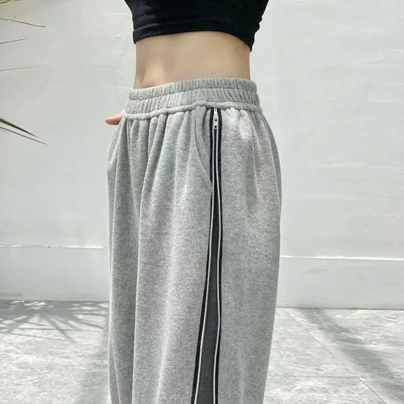 Sports Pants Women's Spring Side Stripe Zippers Loose Fashion Ankle-Tied High Waist Harem Trousers Trendy Clothing Sweat Pants