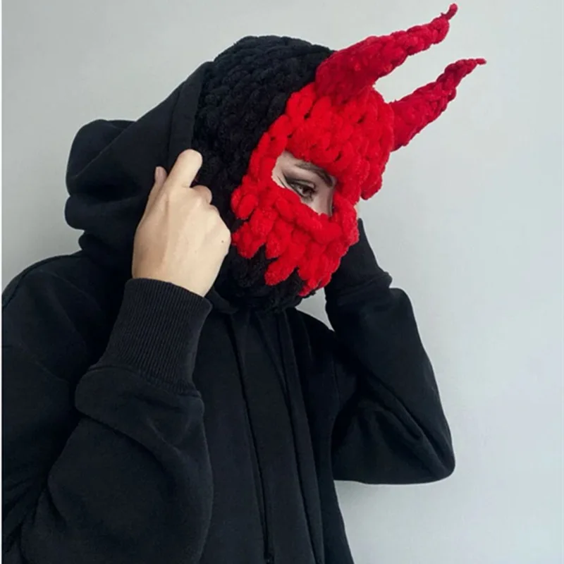 2022 New Halloween Unisex Knitted Balaclava Hat Devil\'s Horn Winter Warm Adult Party Funny Beanies Cap Handmade Bonnet