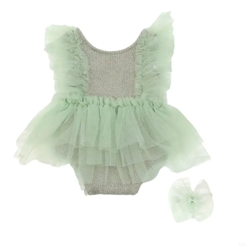

581F 1 Set Newborns Romper Dress with Lace Trim Accent for Photoshoots and Family Gatherings with Baby Headwear Props
