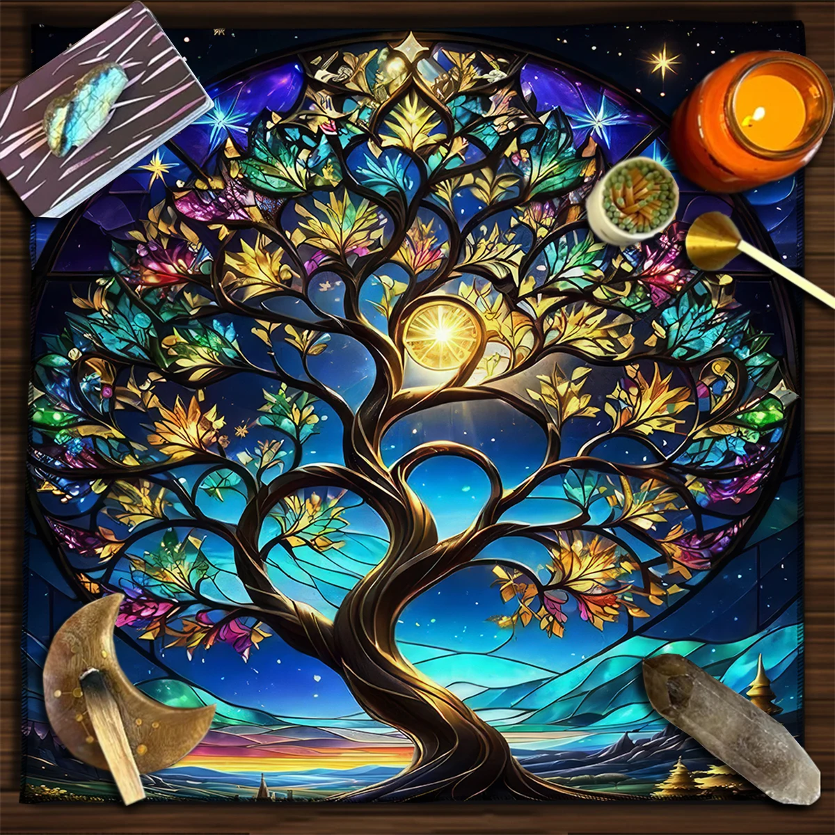 Vibrant Tree of Life Tarot Tablecloth Witchcraft Altar Cloth Decor with Autumn Foliage & Starry Night Oracle Card Pad Home Decor
