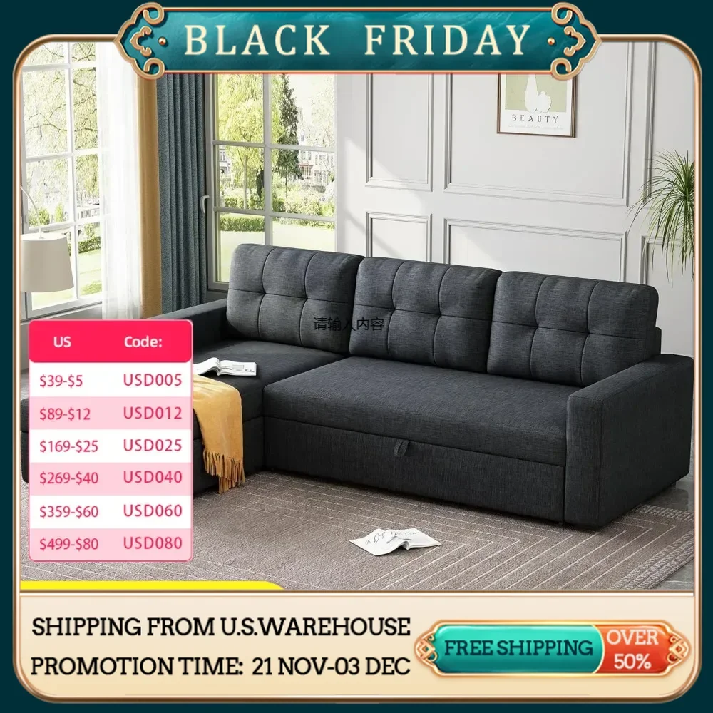 L-shaped triple sofa bed with storage chaise longue with 3 removable back cushions for living room, apartment