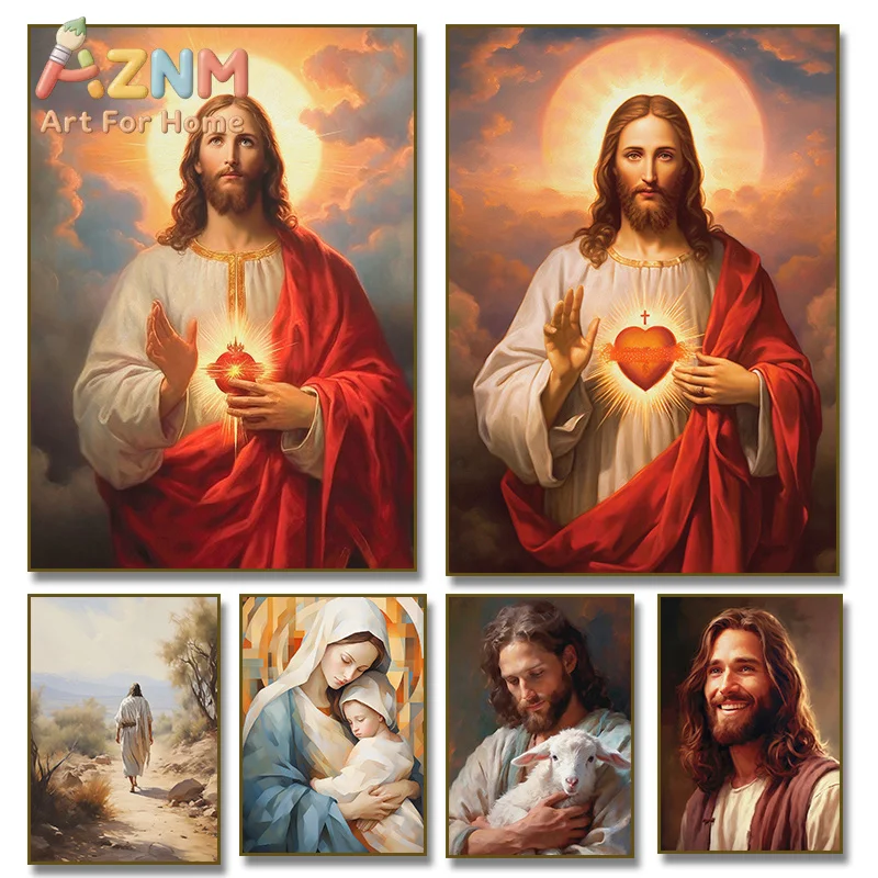 Vintage Sacred Heart of Jesus Holy Family Virgin Mary Religious Poster Canvas Painting Print Wall Art Pictures Home Decor