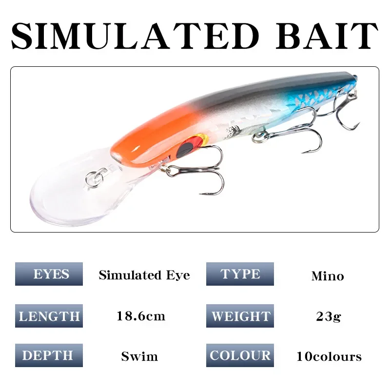 Vivid Deep Diving 8M+ Big Minnow Wobbler 10 Color Fishing Lures Simulate Bending Trolling for Freshwater Carnivorous Fish