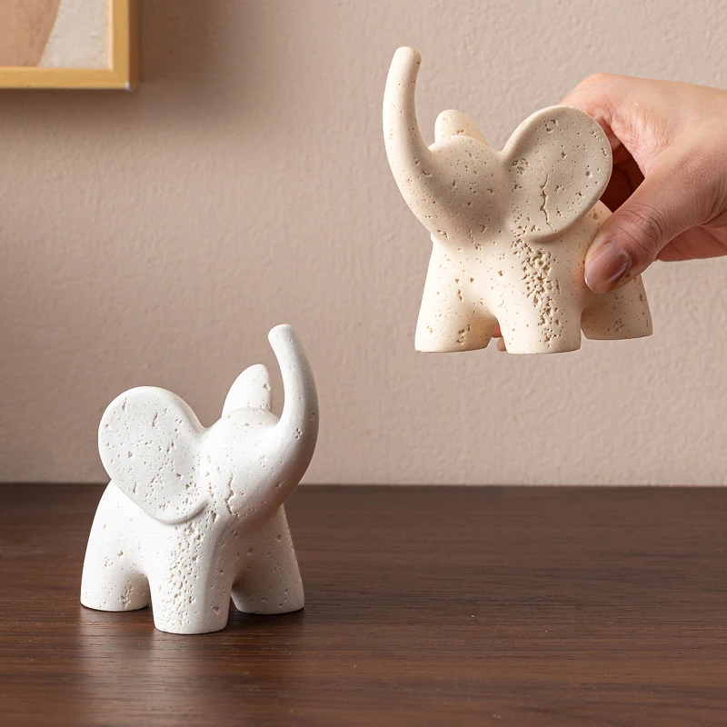 Elephant Statue Resin Travertine Texture Figurine Home Decor Desktop Ornament Living Room Office Tabletop Decoration Gift