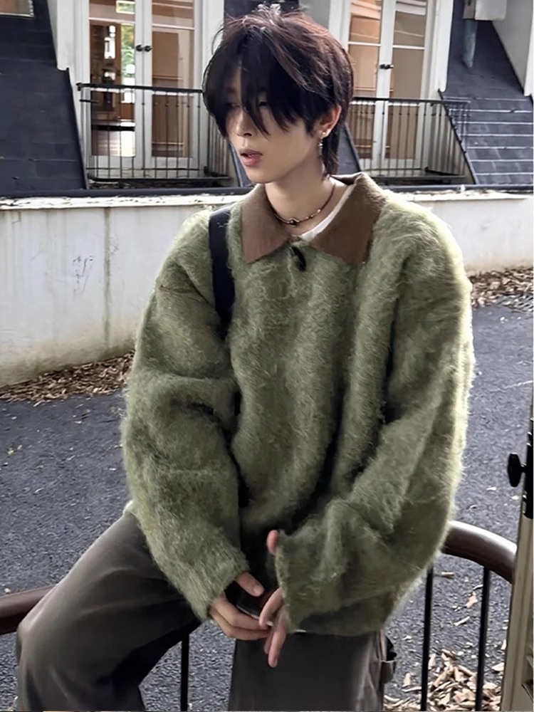 

een Lazy Knitted Sweater Men's Autumn Winter Cleanfit Collar American Retro Jaet Top Soft Loose Fit Casual Color