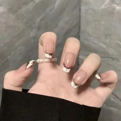 10 PCS Cute Sexy French Lace Press On Nails Sweet Polka Dot Bow Handmade Fake Nails Niche Simple Short Nail Art