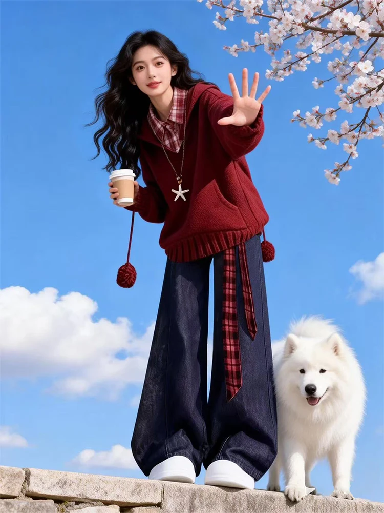 

Korean Lazy Style Red Knitted Sweater Plaid Shirt Wide Leg Jeans Three Piece Set Women Winter New Year Outfit High Waist Trou...