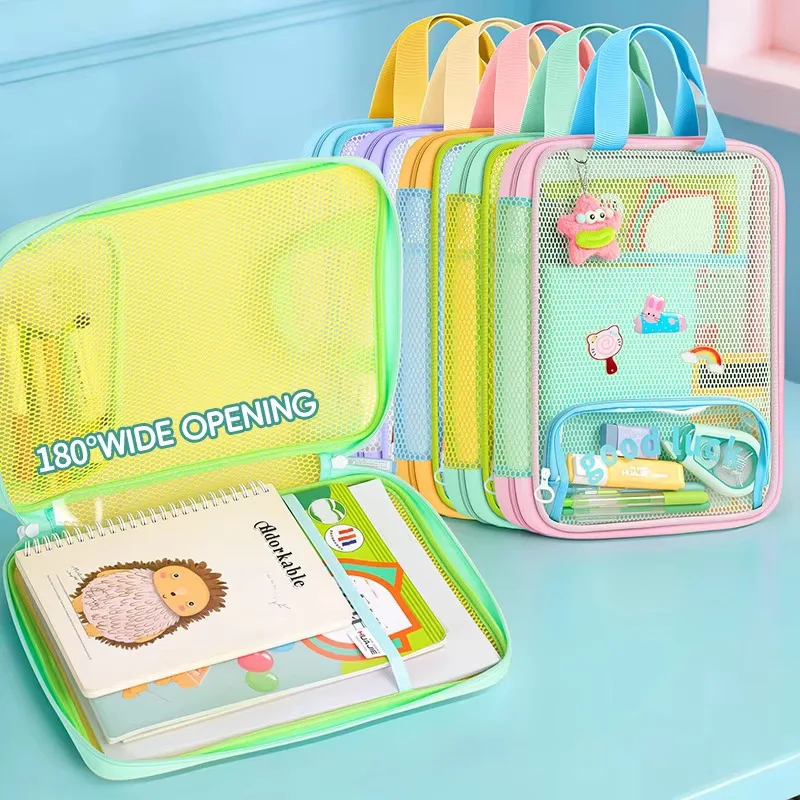 Thick Mesh Document Bag with Handle Multicolor Portable Zipper File Folder Student Stationery Book Storage Pouch