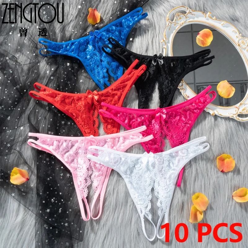 

ZENGTOU 10PCS Women Sexy Lingerie Exotic Open Crotch Panties Exotic Lingerie Female Lace Transparent Crotchless G-String Underwe