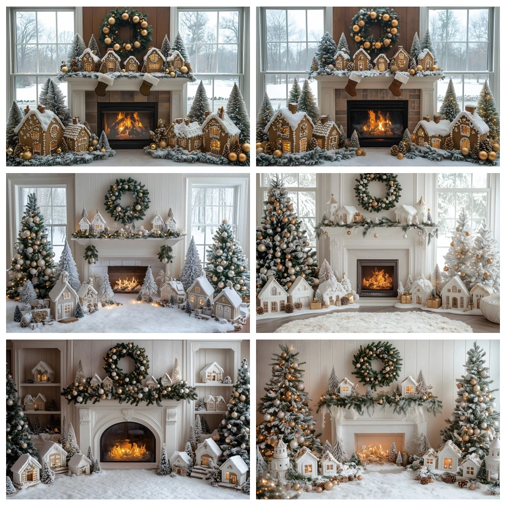 White Christmas Fireplace Photography Backdrop Window Wreath Christmas Tree Indoor Scene Party Decoration Portrait Background