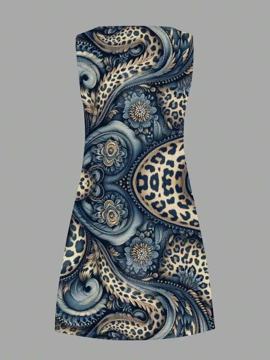

Blue Leopard Floral Sleeveless Dress For Women Casual Wear