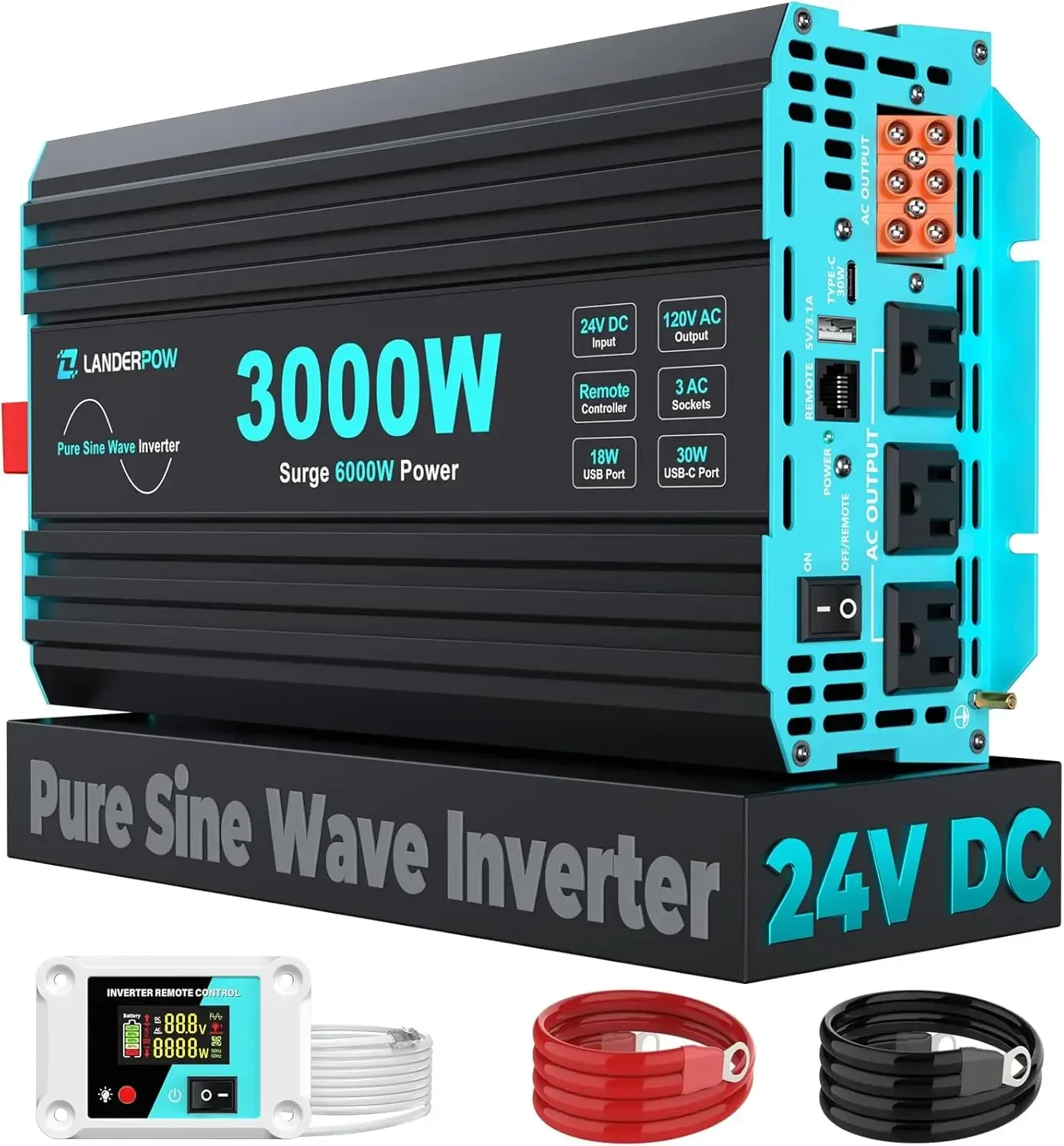 3000 Watt Pure Sine Wave Inverter 24V DC to 120V AC for RV, Truck, Solar, Home, Off-Grid, Power Inverter with 3 AC Outlet, 30W U