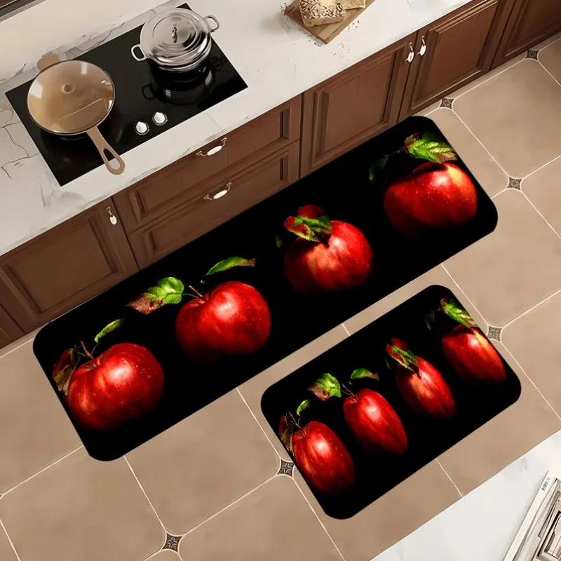 Set of 3 Kitchen Runner Mats with Realistic Red Apple Pattern for Kitchen Counter and Cabinet Area