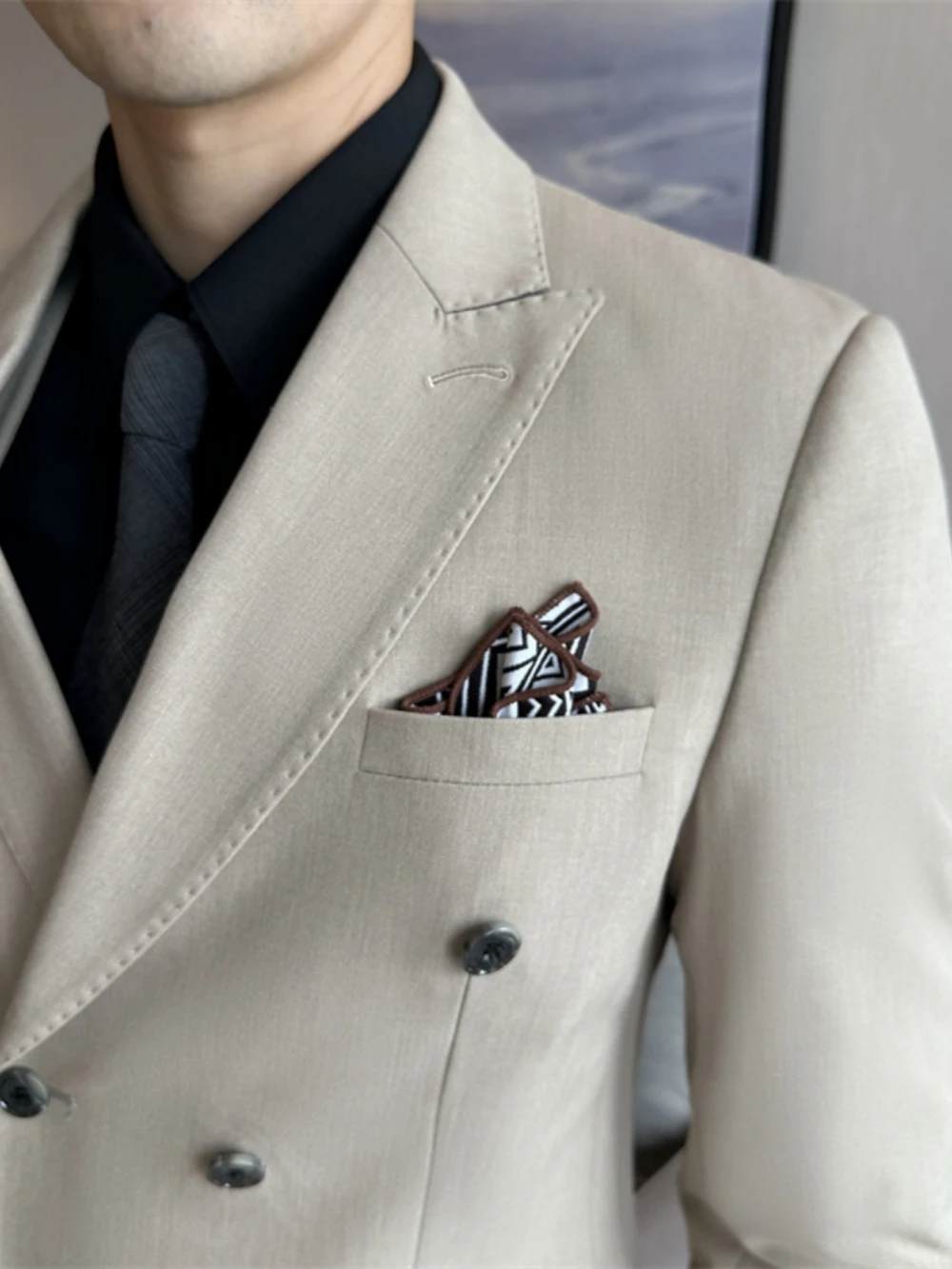 Classic Khaki Formal Suits 3 Pieces Jacket Vest Pants Wedding Groon Sets Plus Size Double Breasted Tuxedo For Men Trip Wear