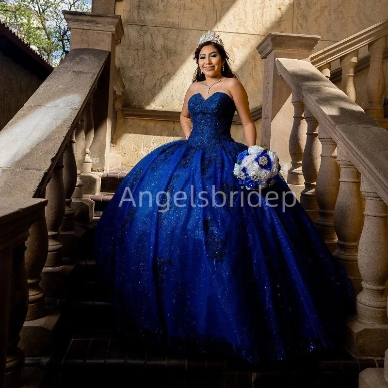 Angelsbride Navy Blue Ball Gown Quinceanera Dresses With Sequined Appliques Beading Evening Party Dress Vestidos XV Años