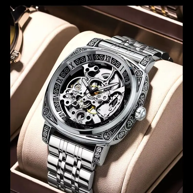 Luxury Skeleton Watch for Men Square Engraved Automatic Mechanical Watches Steel Leather Strap Luminous Hand Business Wristwatch