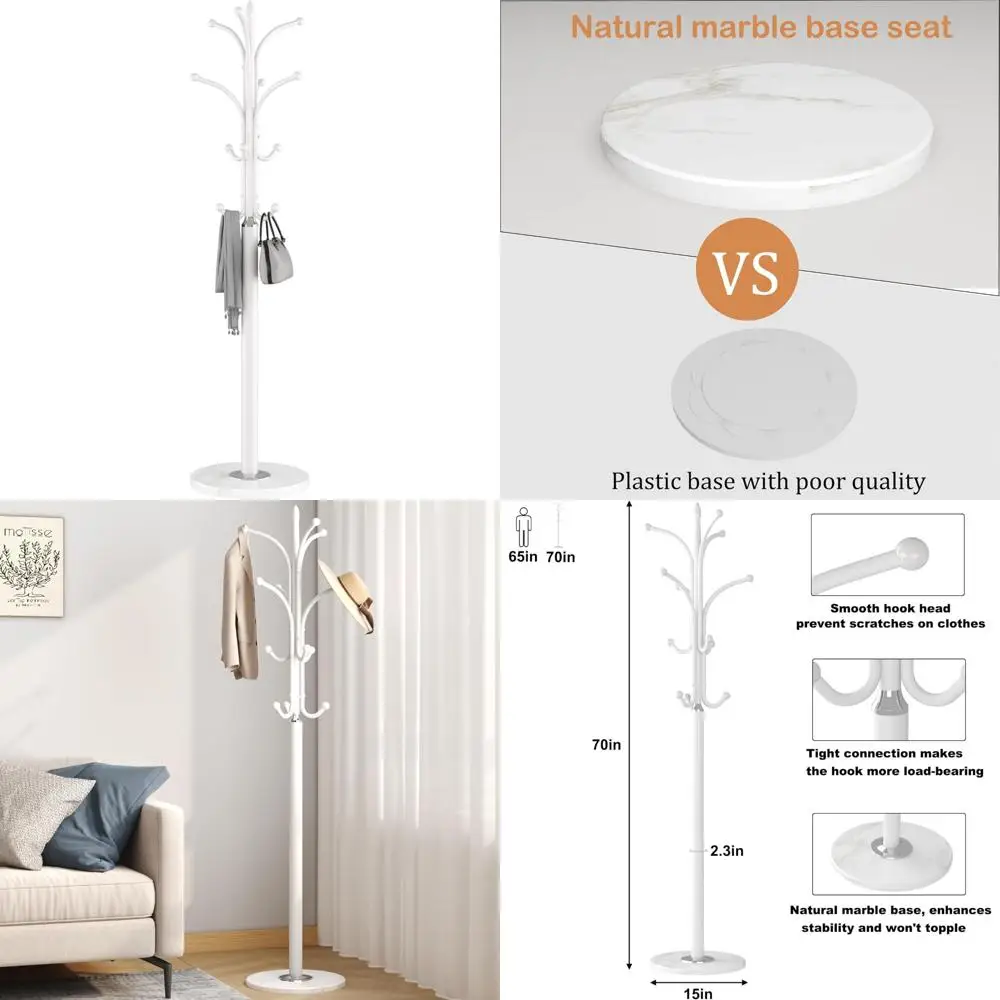 

Free Standing Metal Hat Hanger with Marble Base, 12 Hook Coat Rack for Hats, Clothes, Bags, Entryway Storage