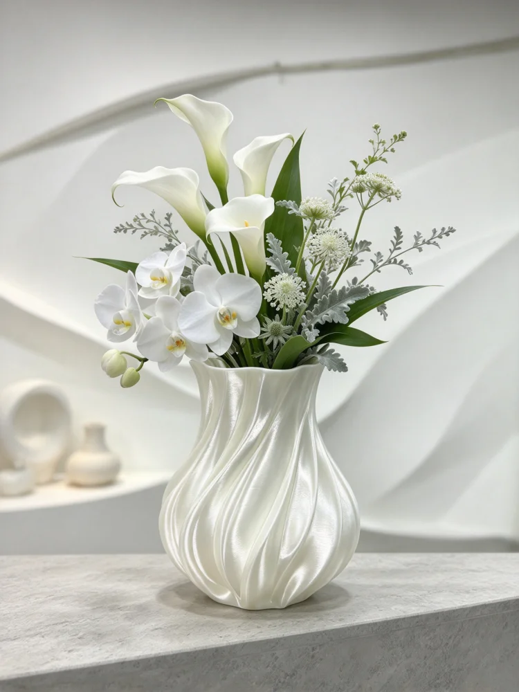 Minimalist Style Pearlescent White Flowing Texture Vase, 3D Printed Swirl-Shaped Tabletop Flower Vessel, Clean and Sleek Wave Line Design, Matte Pearlescent Texture, High-End and Understated, Suitable for Modern Minimalist Neutral Home Decor, Can Be Placed on Entryway Tables, Coffee Tables, Tv Cabinets, Suitable for Dried Flowers and Fresh Flowers, Both as a Flower Arrangement Vessel and a Textured Soft Decor Piece, Quietly Enhances the Design of the Space, a Refined Addition to Minimalist Home Decor