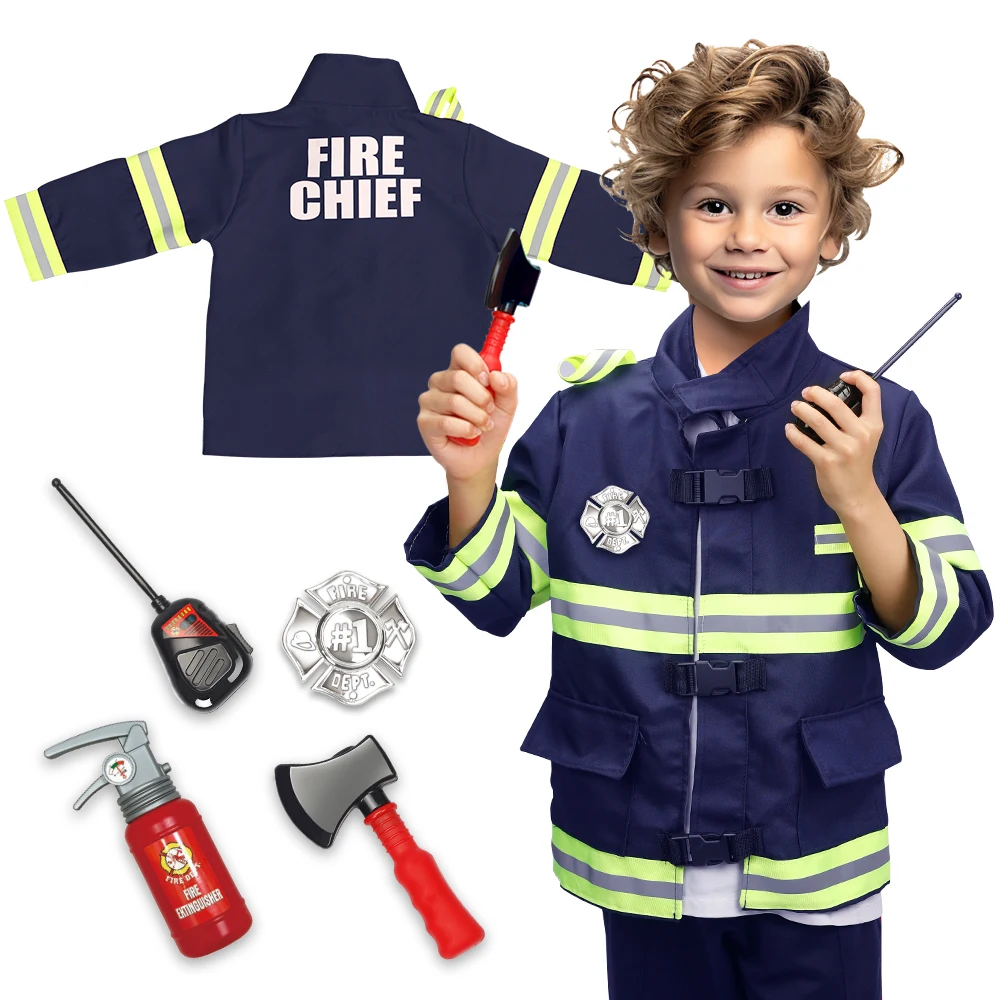 Kids Fireman Costume Firefighter Dress-Up Toy Set for Children Boys and Girls Fire Chief Pretend Role Play with Accessories